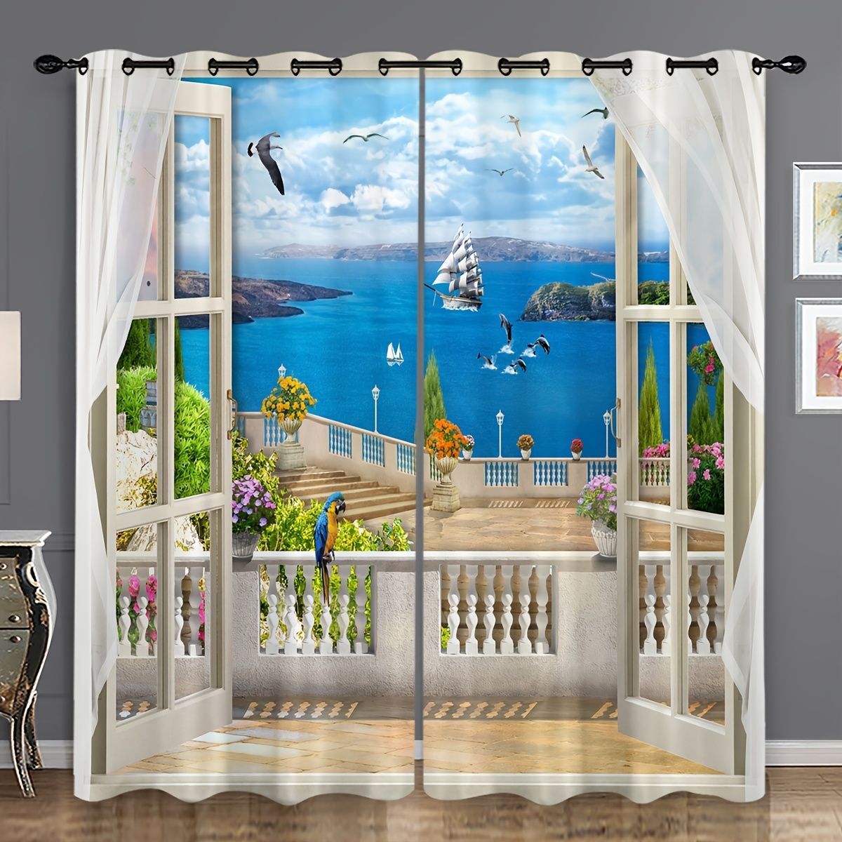 2pcs Landscape Print Curtain, For Living Room, Bedroom, Bathroom, Home Decoration