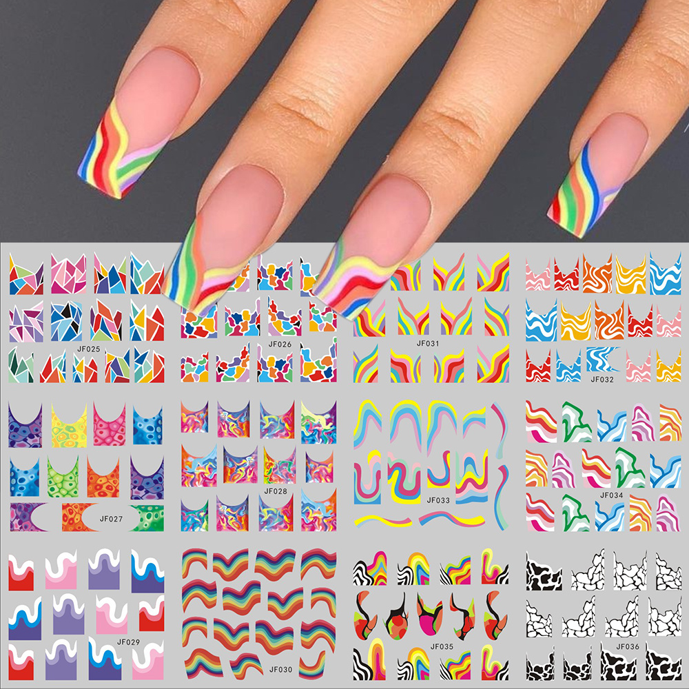 French Manicure Stickers Rainbow Wave Water Nail Decals Set Temu