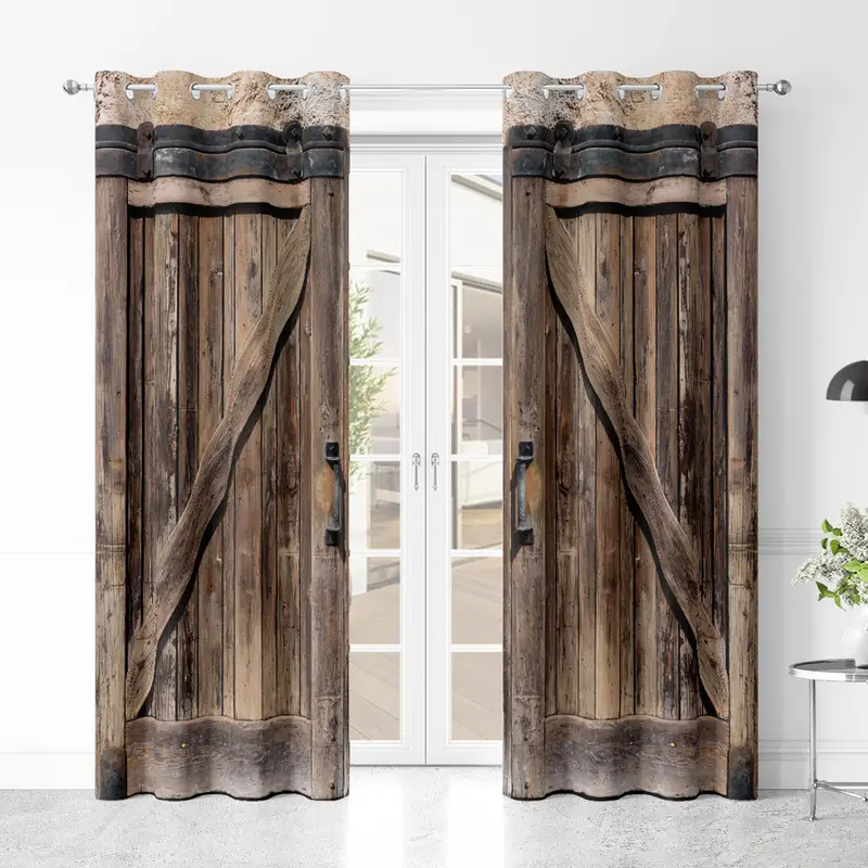 2pcs rustic curtain wooden door pattern curtain for bathroom living room bedroom window curtains home decoration details 1