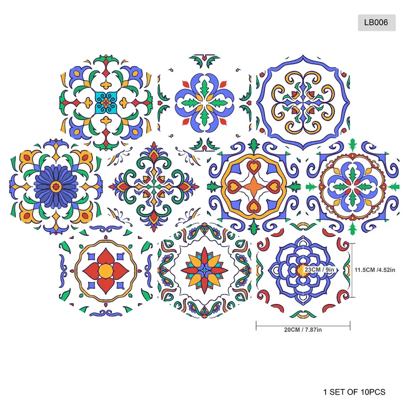 1set Of 10pcs Tile Stickers 7 87 9inch Moroccan Style Hexagonal Tile Stickers Non slip Floor Stickers For Bathroom Kitchen And Household DIY Splicing Wall Stickers