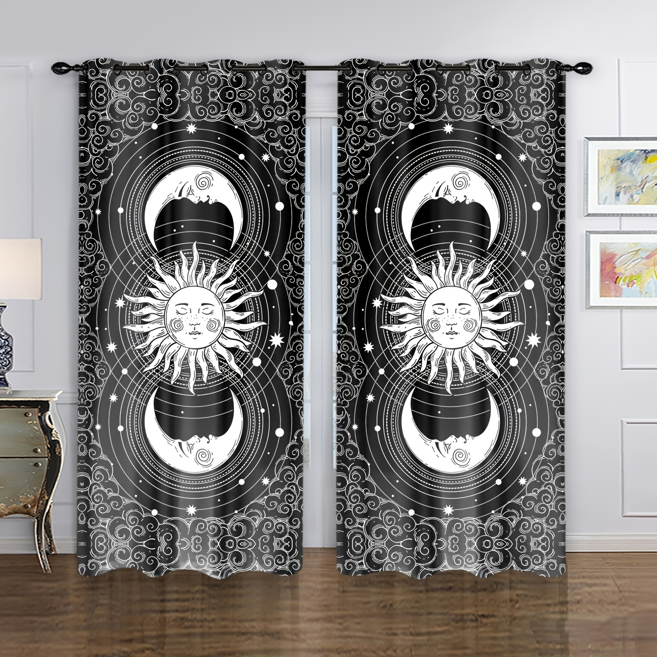 2pcs Sun Moon Print Curtain, Window Curtain For Living Room, Bedroom, Bathroom, Home Decoration