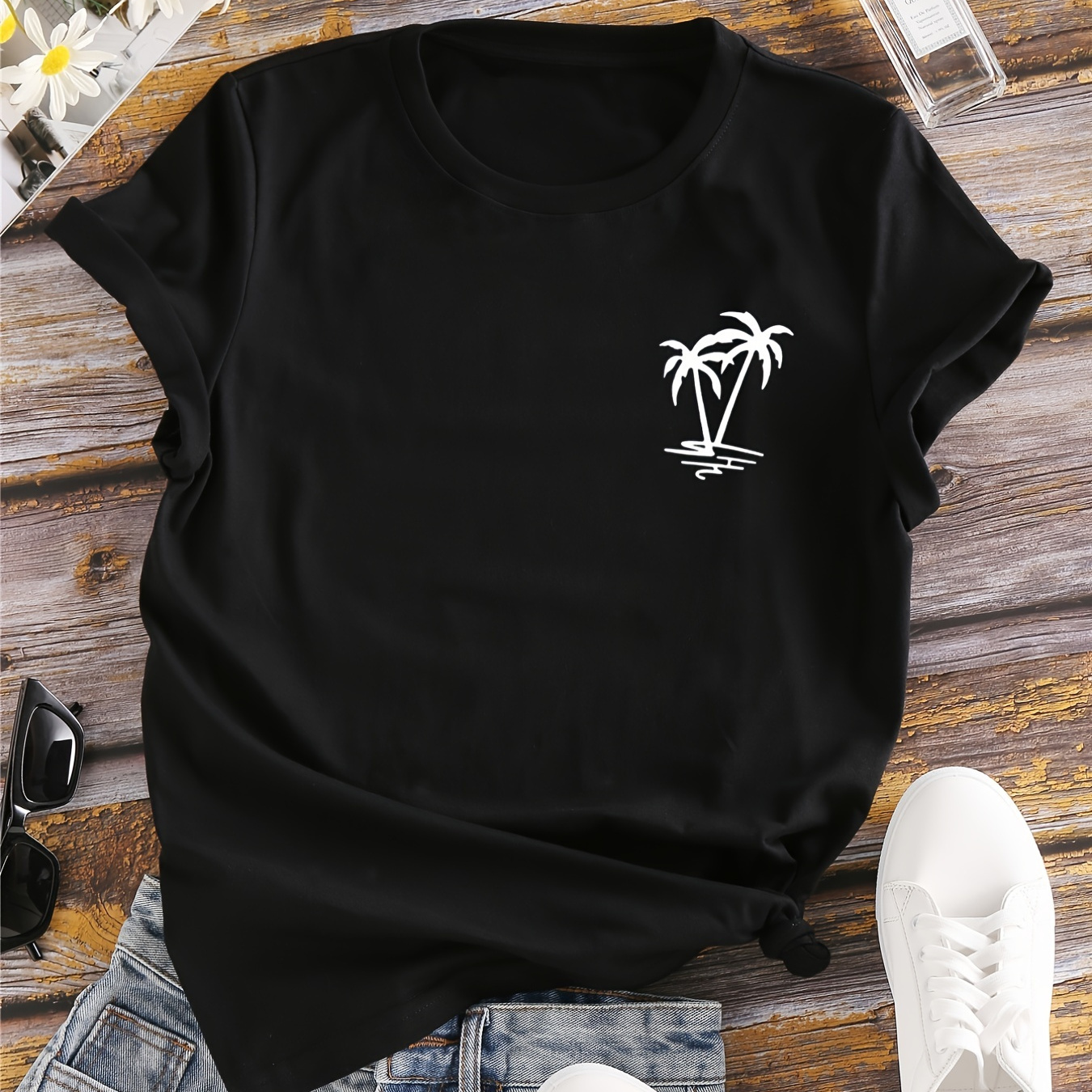 

Coconut Tree Print Crew Neck T-shirt, Casual Loose Short Sleeve Fashion Summer T-shirts Tops, Women's Clothing