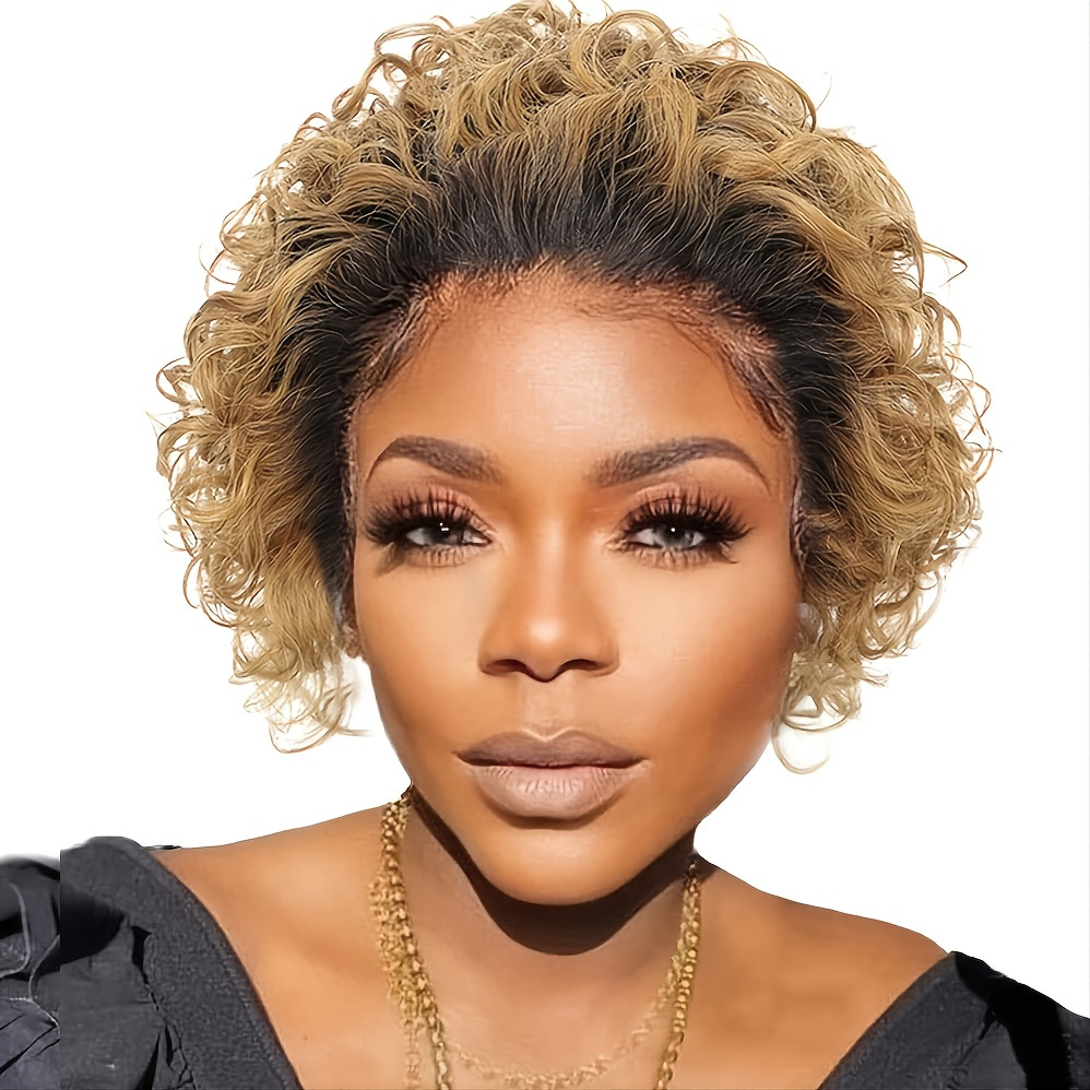 Honey Blonde Pixie Cut Wigs Pre Plucked Ombre Bob 13x1 Lace Front Wigs Short Curly Human Hair 0025