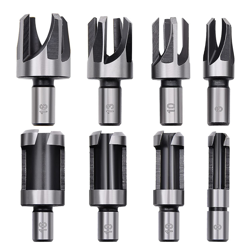 Wood Plug Cutter Set, 6mm + 10mm + 13mm + 16mm / 1/4 3/8 1/2 5/8  Straight and Tapered Drill Bit Cutting Tool for Woodworking 
