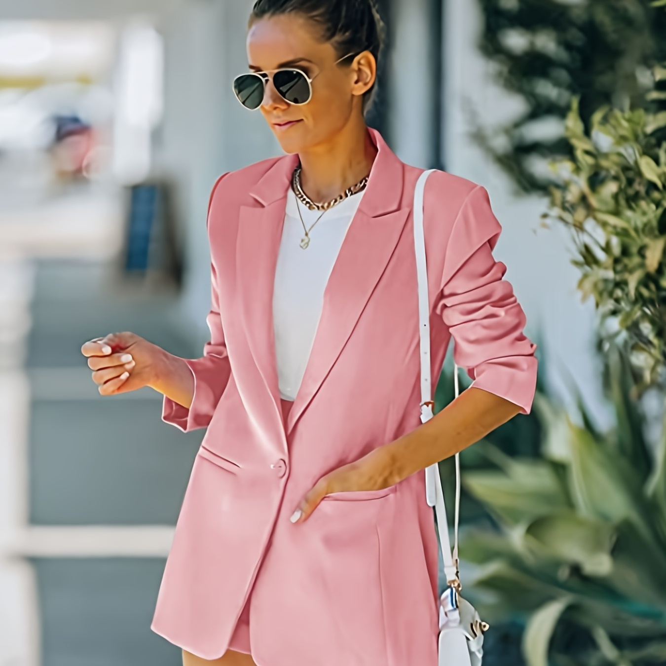 Elegant Two-piece Suit, Short Sleeve Lapel * & High Waist Skinny Shorts  Outfits, Women's Clothing
