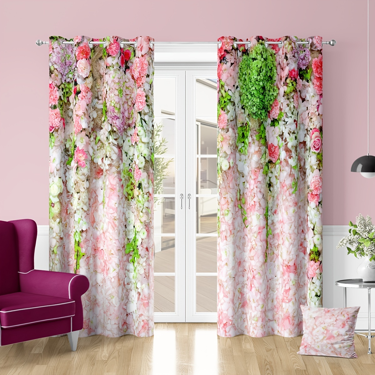 2pcs Floral Print Curtain For Living Room Bedroom Bathroom Home ...