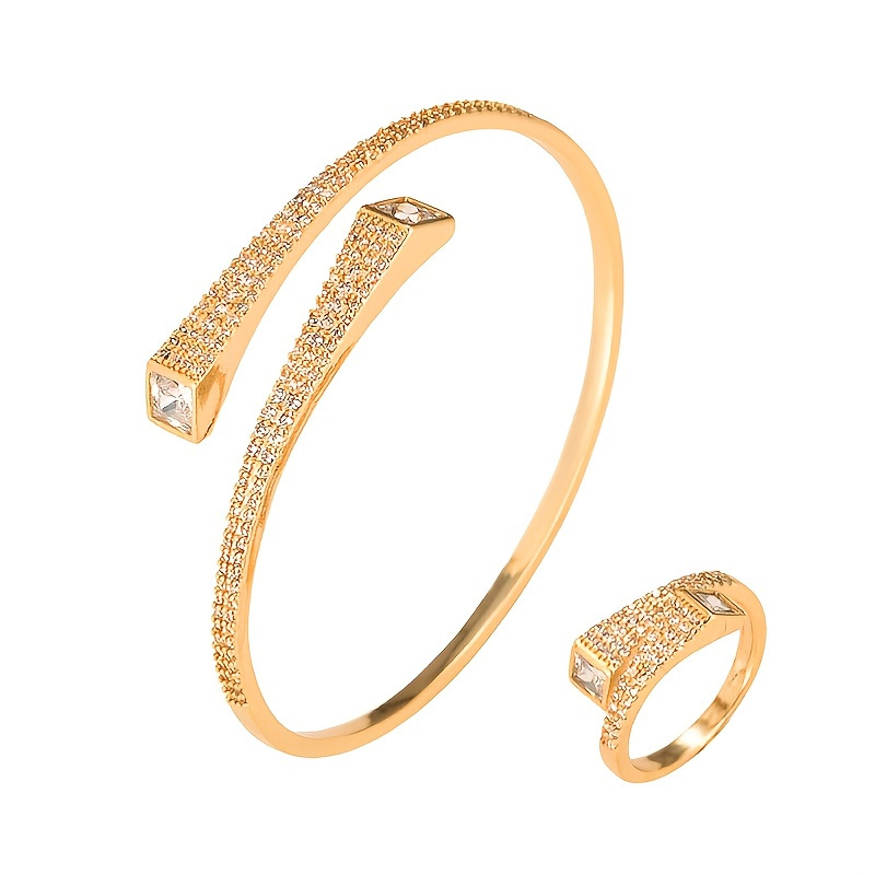 

Rhinestone Open Bracelet + Ring Set Plated Zircon Bracelet Ring Jewelry Set Charms Gift For Women