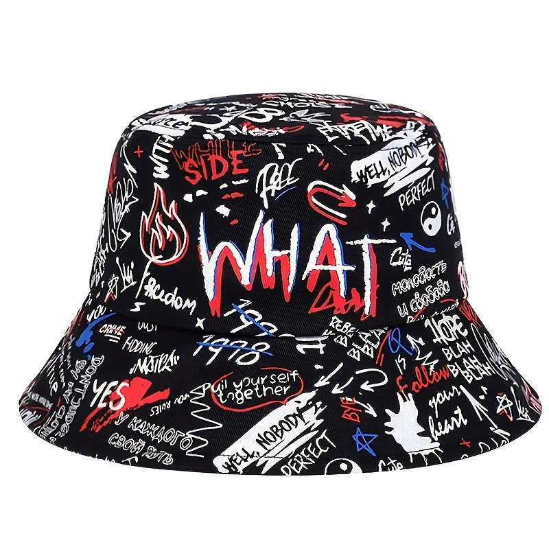 1pc Men's Street Style Hip Hop Bucket Hat, Colored Printed Graffiti Bucket Hat