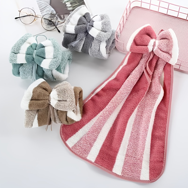 

1pc Coral Velvet Creative Striped Bow Towel, Hand Towel, Face Towel