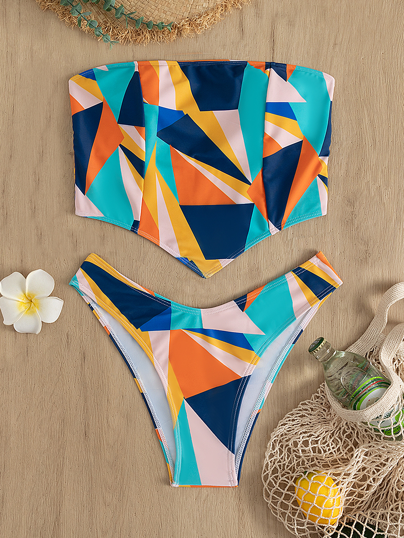 Colorblock Pattern Handkerchief Hem Tube Top V-shaped High Cut Bottom Two  Piece Swimsuit, Women's Swimwear