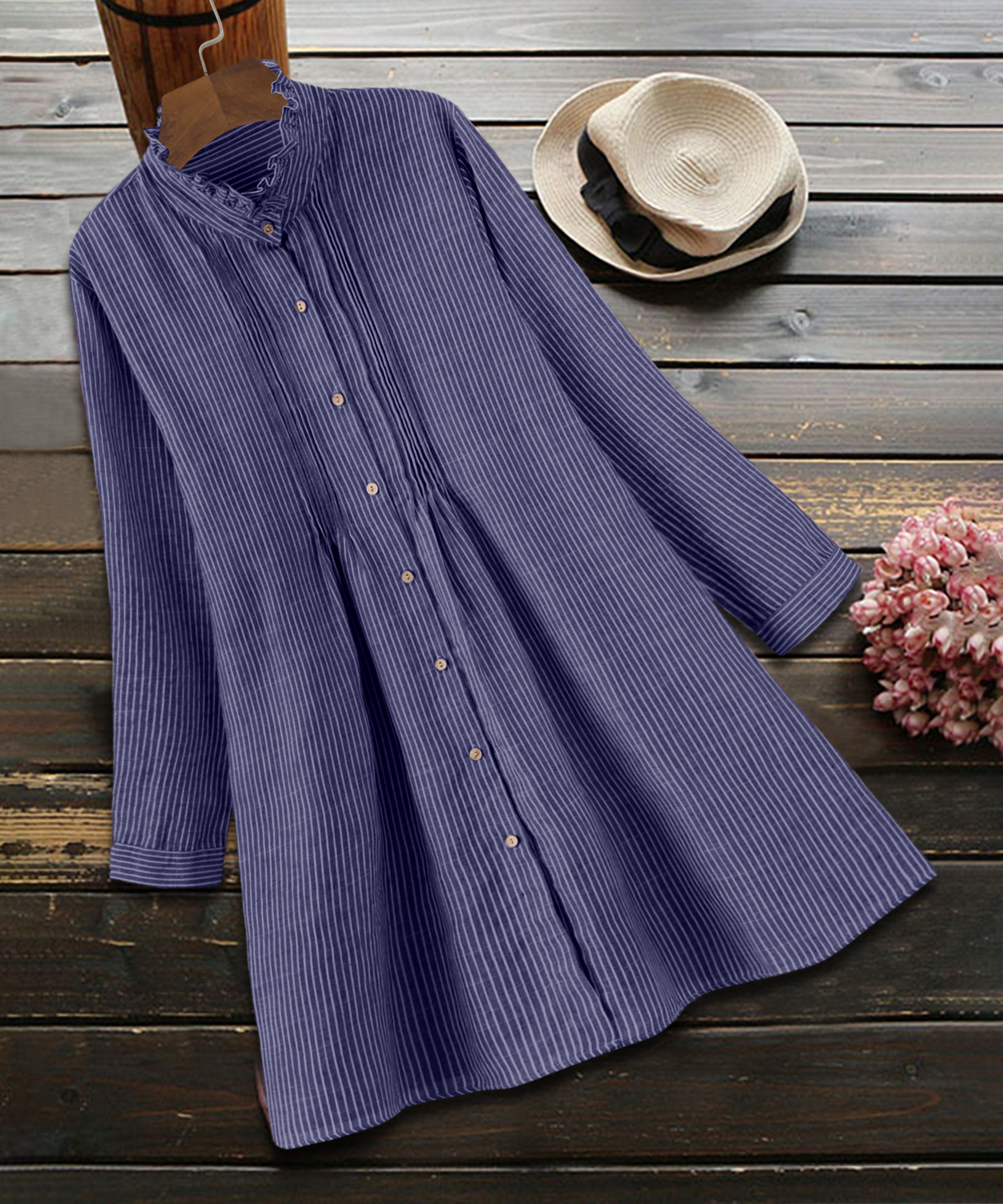 Plus Size Strip Pattern Button Front High Neck Casual Dress, Women's