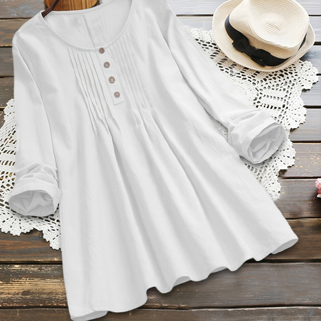 Plus Size Solid Ruched Pleated Round Neck Blouse Women s Button 