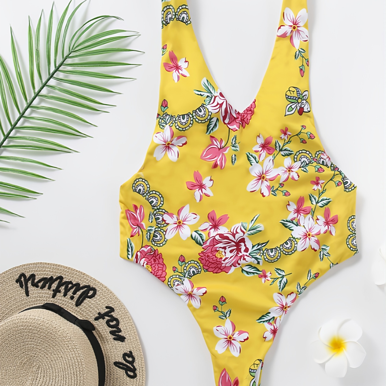 Floral & Cropped Print V Wired Vneck Swimsuit, Women's High Cut Lace V