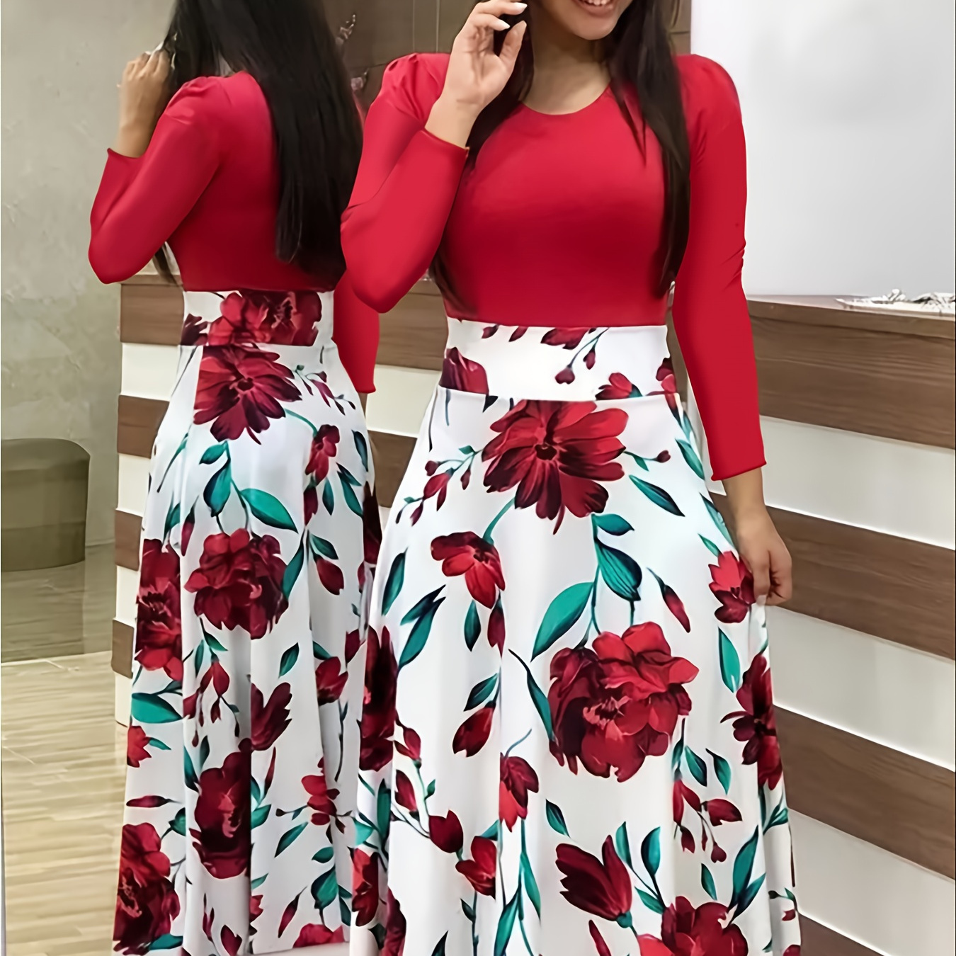 Plus Size Midi Print Colorblock Crew Neck Applique Dress Womens Floral Print Long Sleeve Maxi 9492