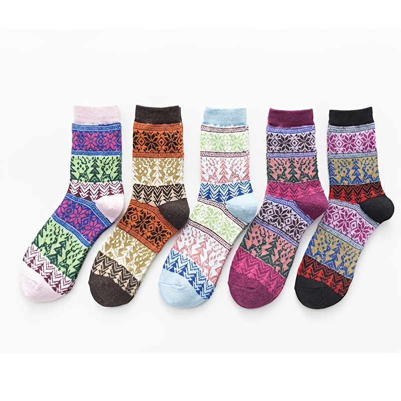 5 Pairs Comfy Warm Geometric Pattern Socks, Fashion Colorblock Mid Tube Socks, Women's Stockings & Hosiery