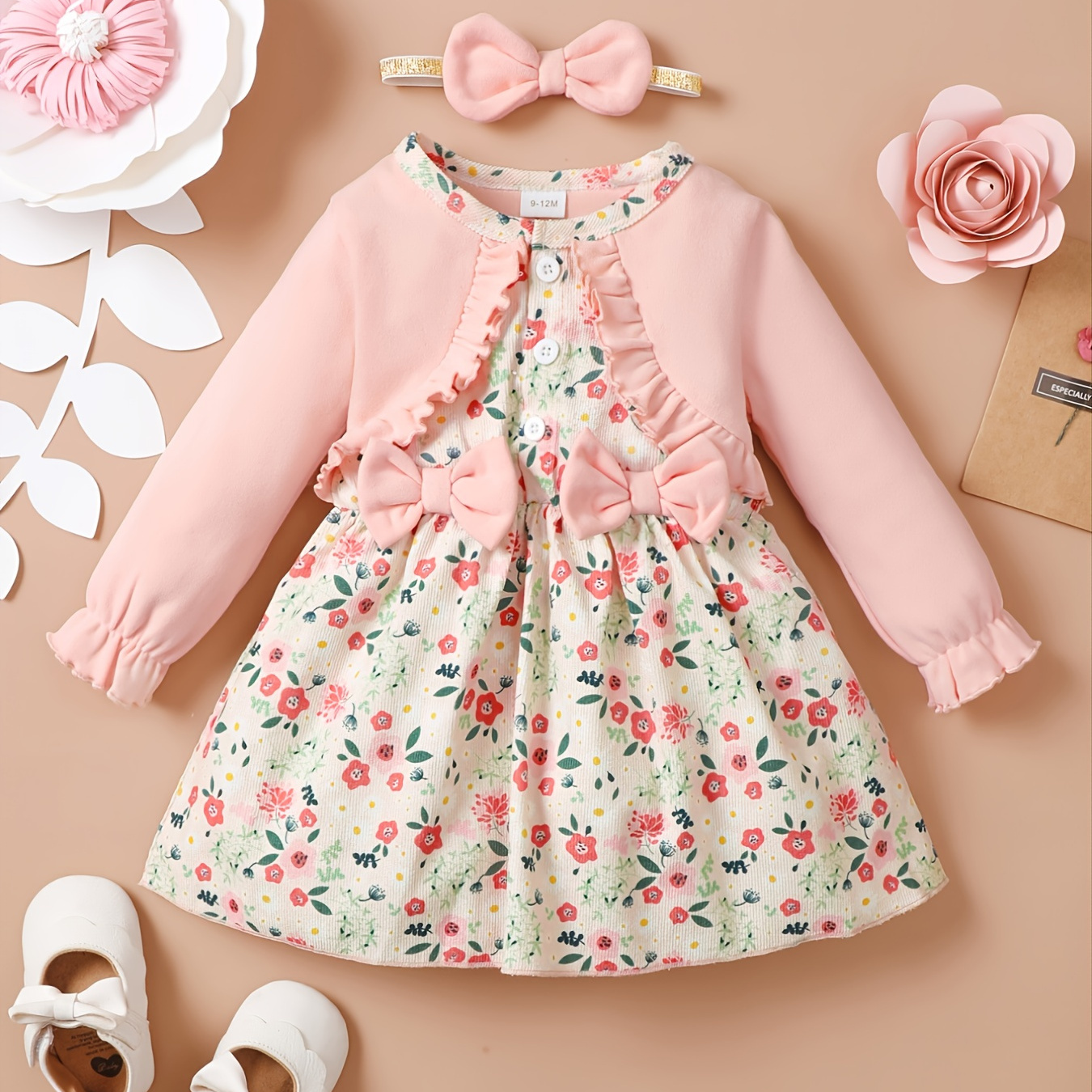 Girls Cute Casual Corduroy Floral Print Bow Dress Baby Clothes