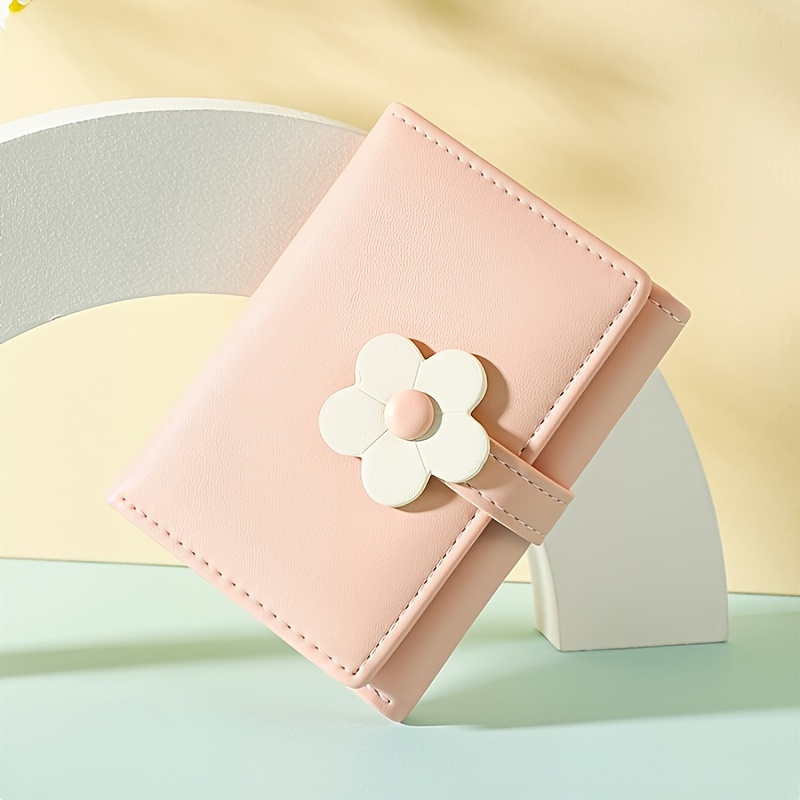 Qzbon CE Girls Flower Print Wallet Small Aesthetic Tri-Fold Purse PU Leather Cash Pocket ID Window Card Holder for Women/Black, Women's