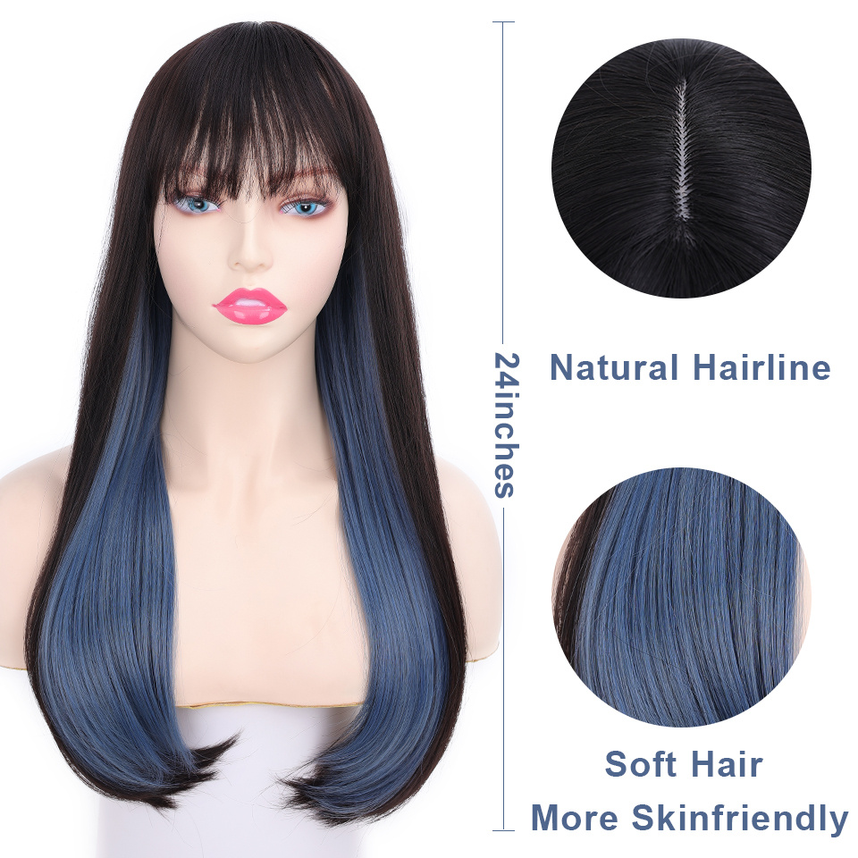 Highlight Style Long Straight Black Wig Bangs Bright Blue Temu