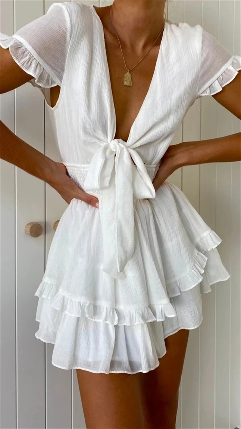 Come Alive String Detail Deep V-Neck Dress White