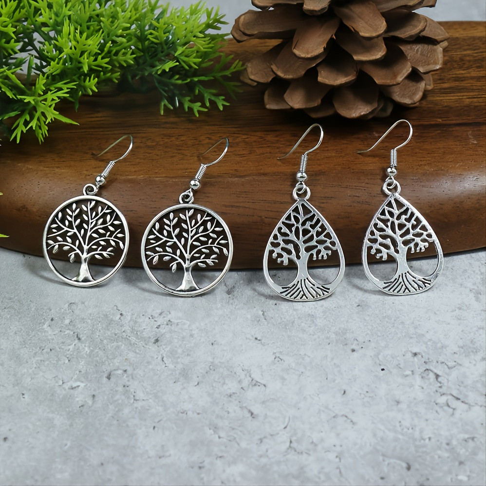 

Antique Silver Vintage Style Round Drop Shape Hollow Tree Of Life Pendant Earrings 2 Pairs Set