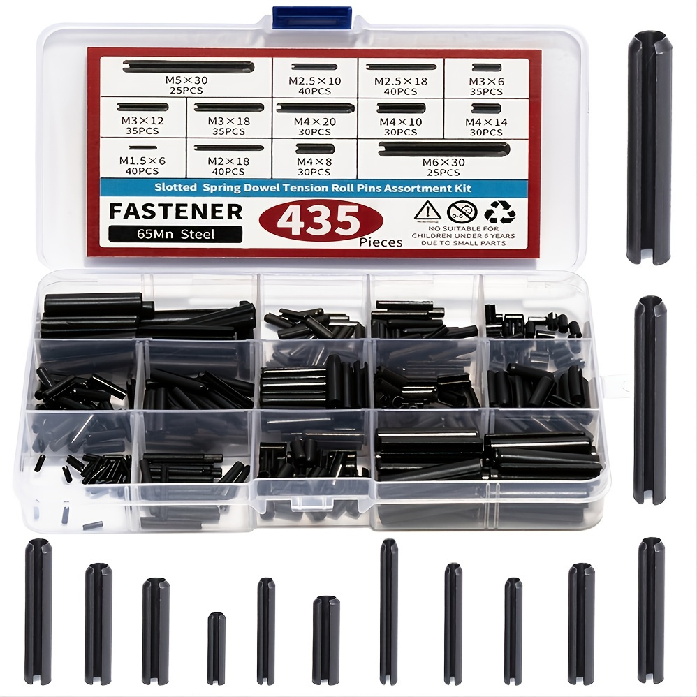 

435pcs Roll Pin Assortment Set - Slotted Spring Pin - Spring Dowel Tension Roll Pins - M1.5 M2 M2.5 M3 M4 M5 M6 13types Split Expansion Spring Steel Pin Assortment Kit