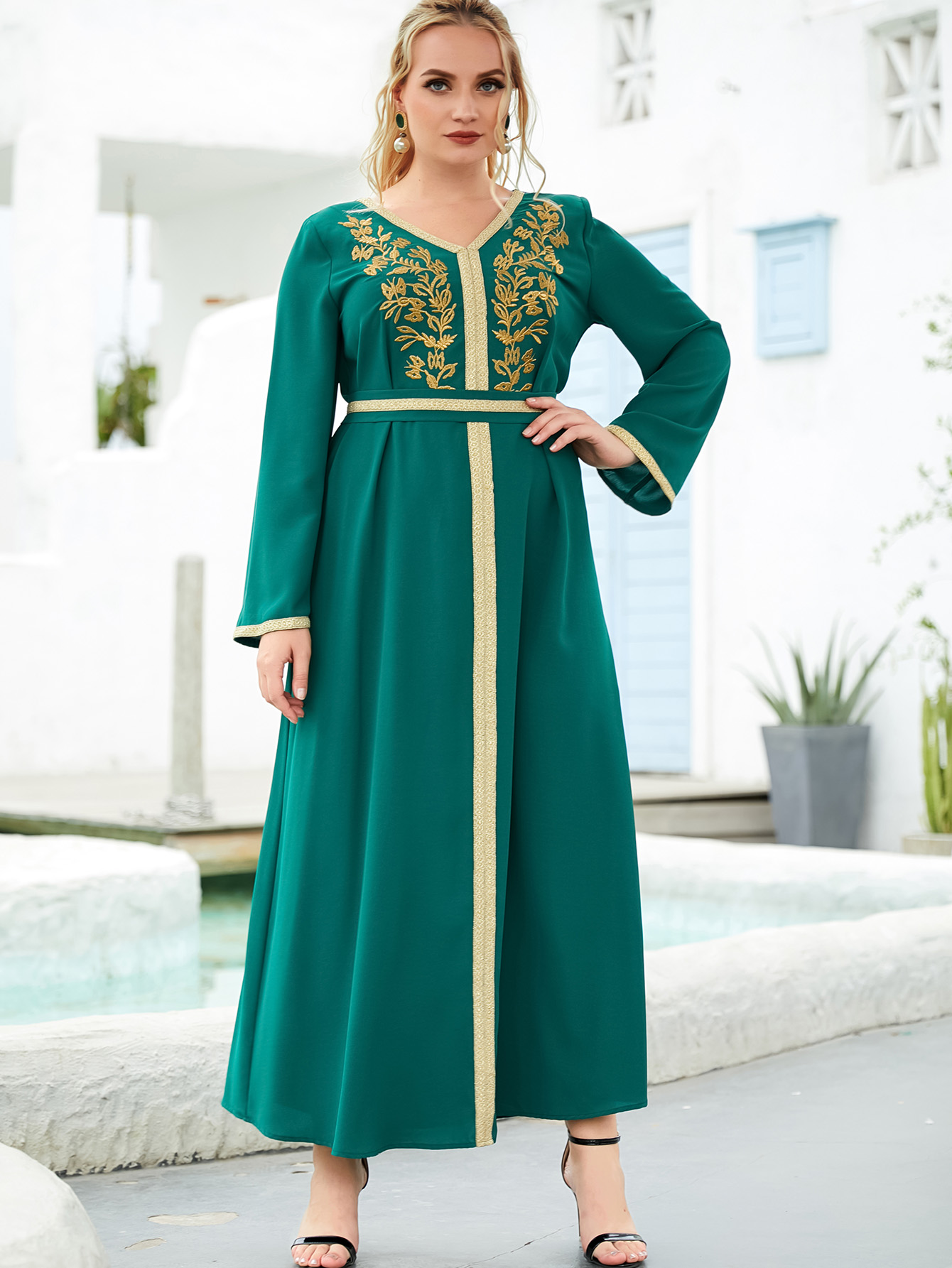 Plus Size Colorblock Embroidered Long Sleeve Maxi Dress Belt Temu