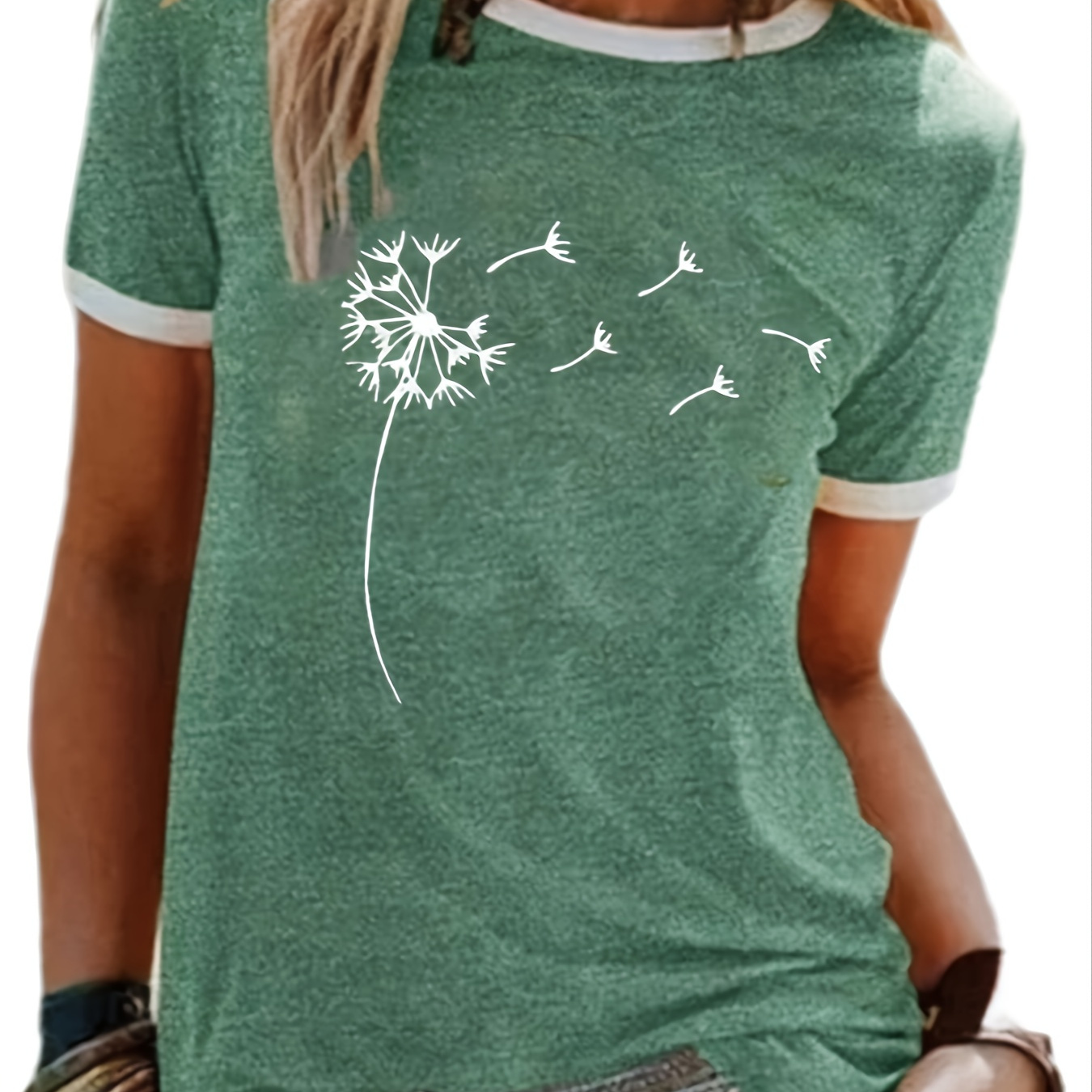 Plants Print Applique Crew Neck T shirt Women s Knit Short Sleeve 
