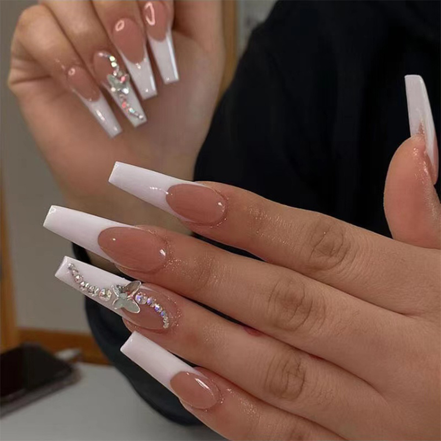 Glossy Long Ballet Fake Nails Nude Press On Nails With - Temu