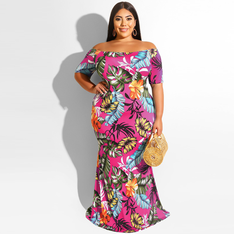 Plus Size Tropical Print Shoulder Short Sleeve Bodycon Long - Temu