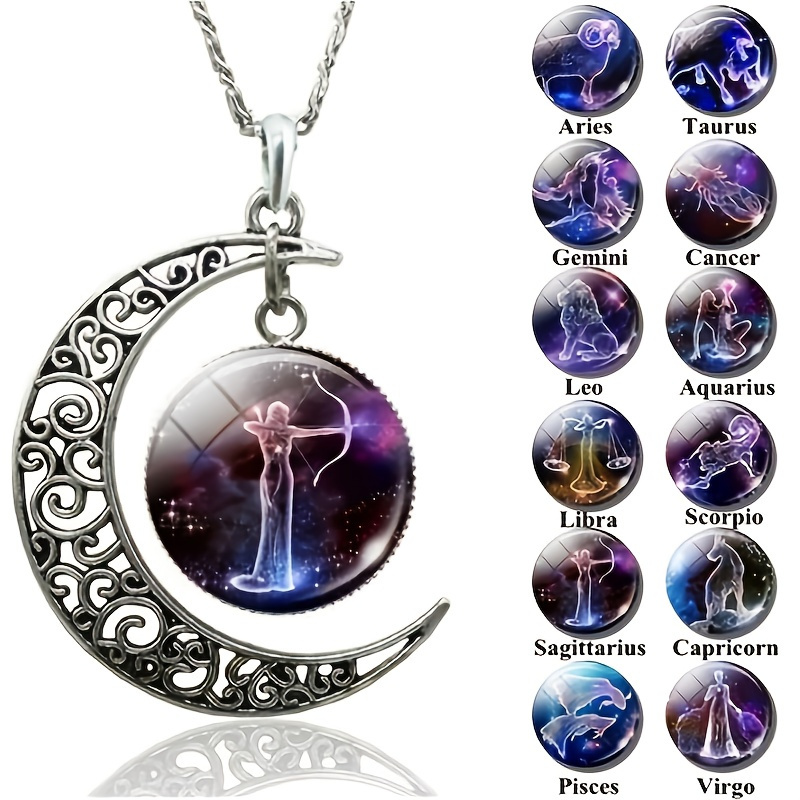 

Twelve Constellation Moon Necklace Time Gemstone Pendant Necklace Personality Neck Jewelry Birthday Gift