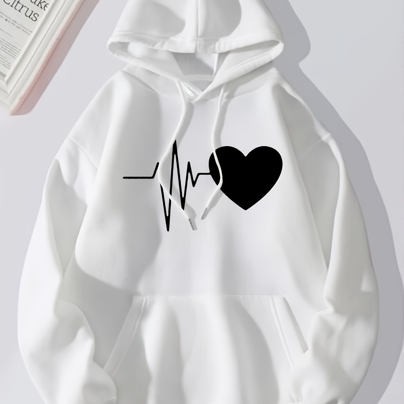 Heartbeat Print Drawstring Thermal Hoodies Loose Hooded Pocket Fashion ...