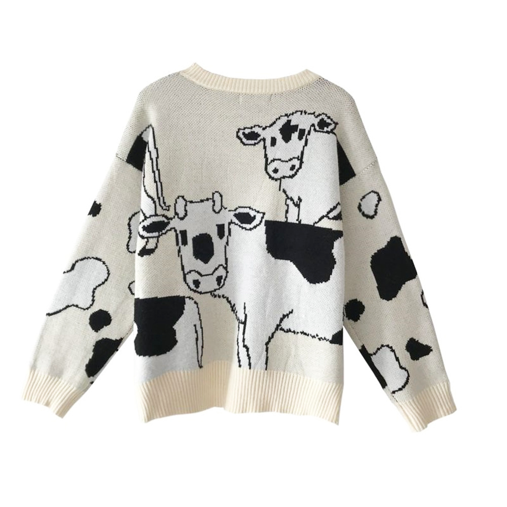 Cow Print Drop Shoulder Knitted Sweater, Preppy Crew Neck Long Sleeve Loose  Sweater For Fall u0026 Winter, Women's Clothing - Temu