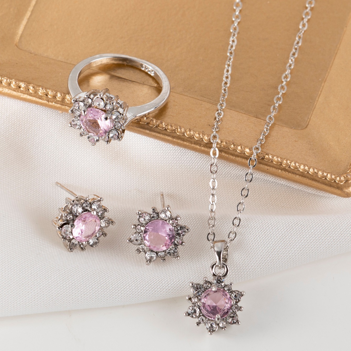 Pink Crystal Fashion Pendants Necklace Earrings Sets for Women