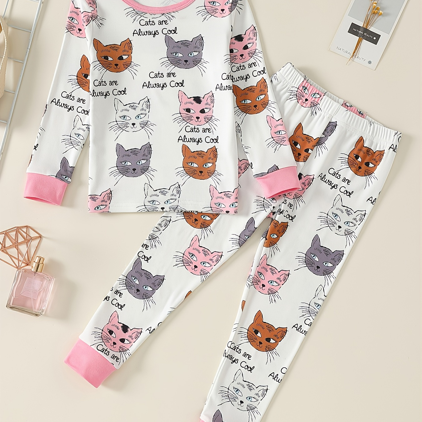 

Girls 2pcs Lounge Wear Homewear Long Sleeve Top & Matching Pants Set With Cat Print Kids Clothes Pajamas Set Spring Fall