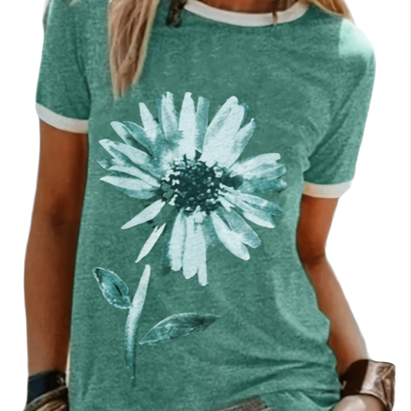 Floral Print Crew Neck T Shirt Loose Casual Short Sleeve Fashion Summer 