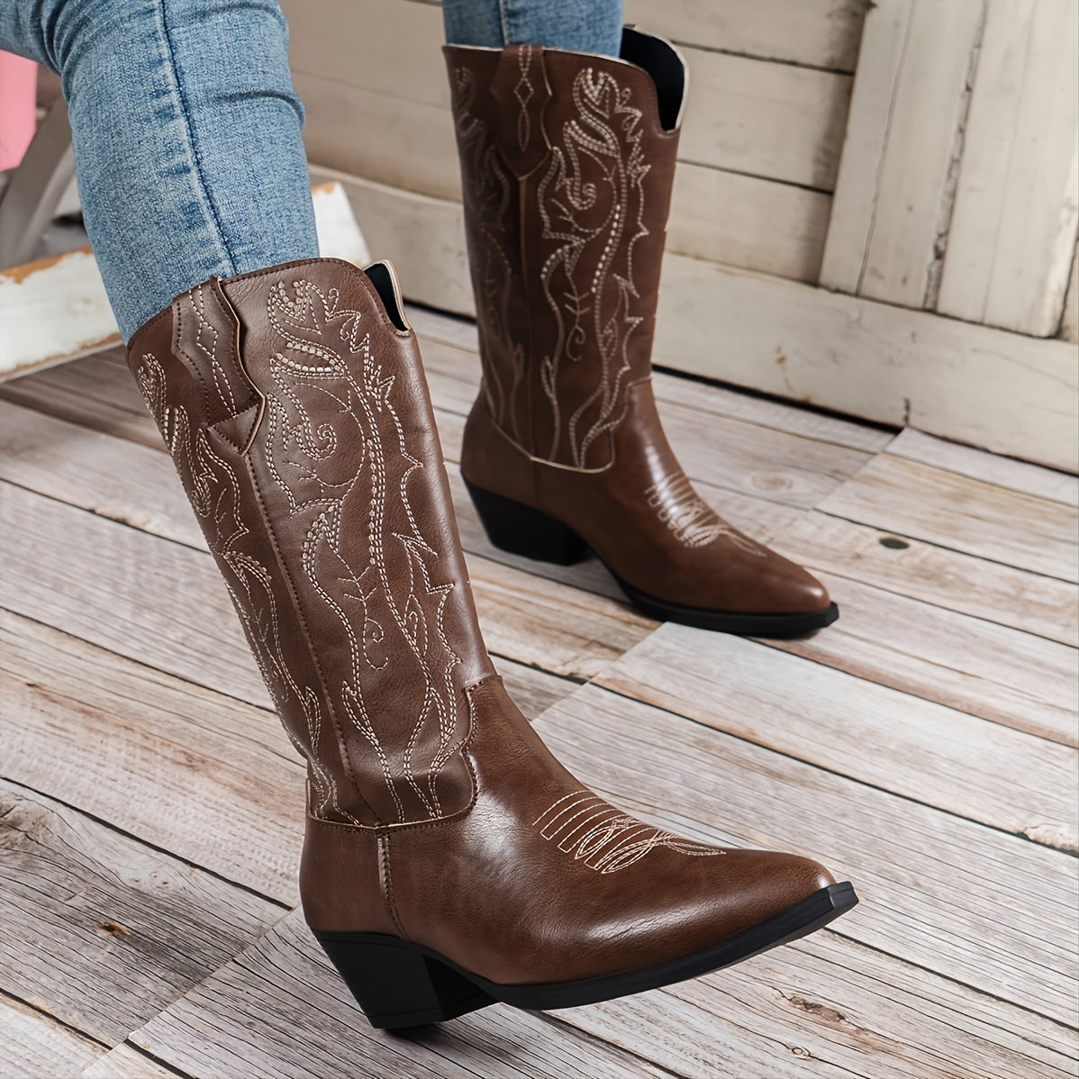 Women's Mid Calf Boots Embroidery Western Cowboy Boots Chunky Heel ...