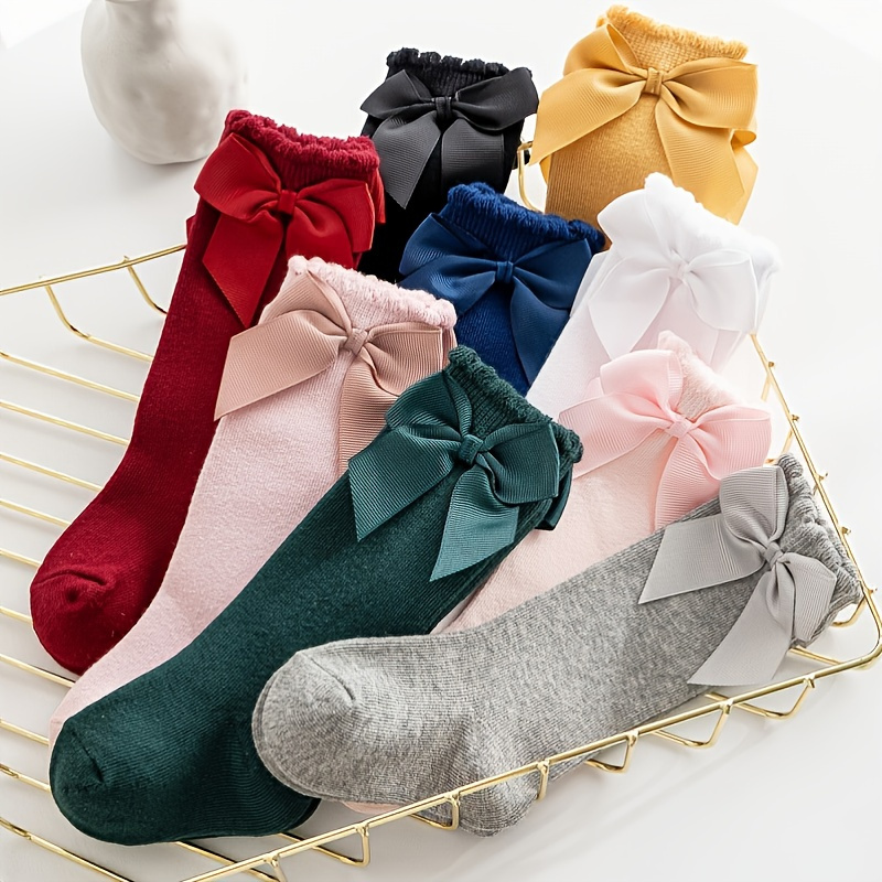 1pair Girls Socks Solid Cute Bow Knee High Socks