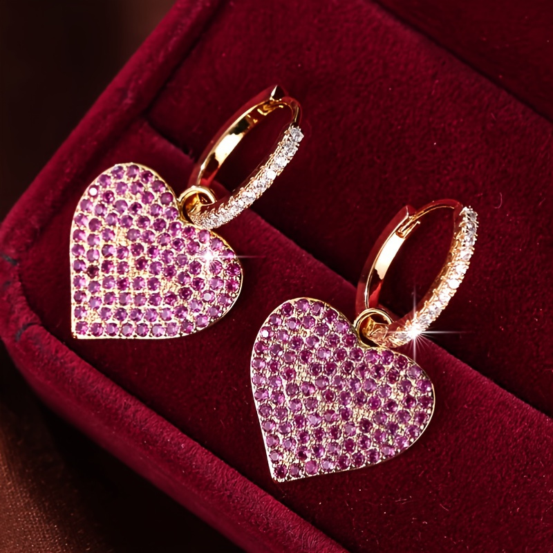 

Fashionable And Elegant Earrings With Small Zirconia Stones Embedded In Red Heart-shaped Design