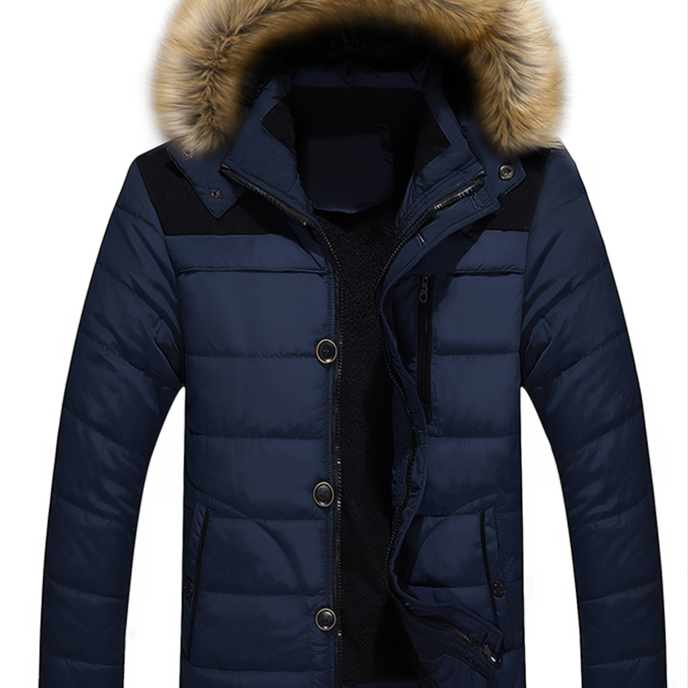 Men's Fall Winter Fleece Parka Padded Jacket With Faux Fur Hoodie ...
