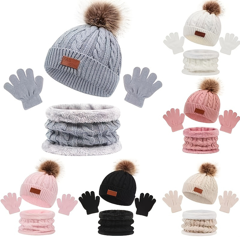 

3pcs Kids Knitted Thermal Beanie Hat & Gloves & Scarf Set For Winter