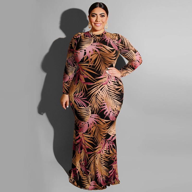 Plus Size Plants Print High Neck Long Sleeve Maxi Bodycon - Temu