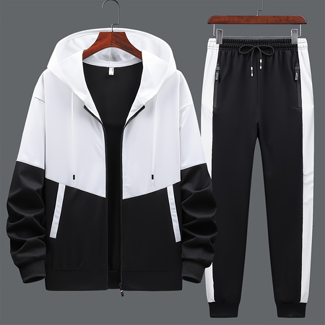 2pcs Men's Casual Zip Up Hooded Jacket And Trousers For Fall Winter ...