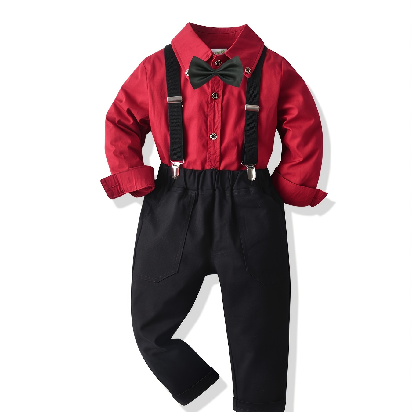 

Toddler Boy's Gentleman Outfit 2pcs, Bowtie Decor Shirt & Overalls Set, Kid's Clothes For Speech Performance Birthday Party