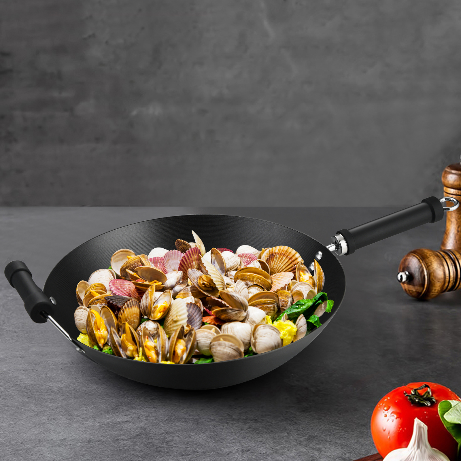 Large Wok Pan 2PCS Woks & Stir-Fry Pans Nonstick, 2 Wooden Handles Chinese  Wok for Electric, Gas, Halogen, Restaurant Kitchen Flat Bottom Wok