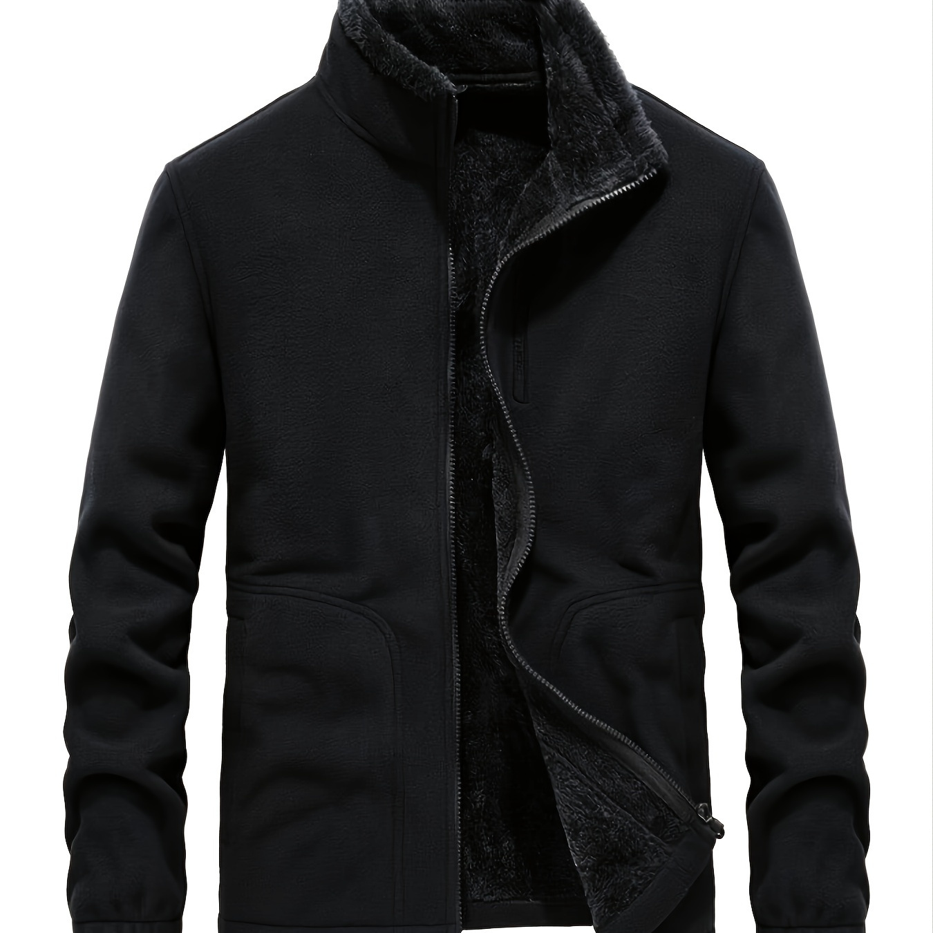 Men's Fleece Casual Jacket Winter Solid Color Zipper Stand Collar ...