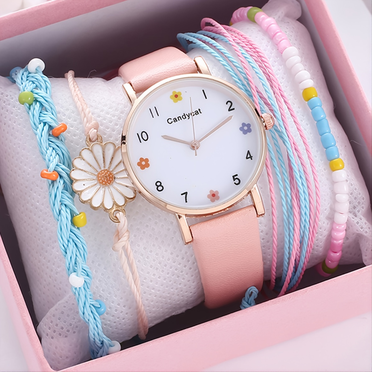 Girls Fashion Simple Quartz Watch + Bracelet 4pcs/set Children's New Year Birthday Gift