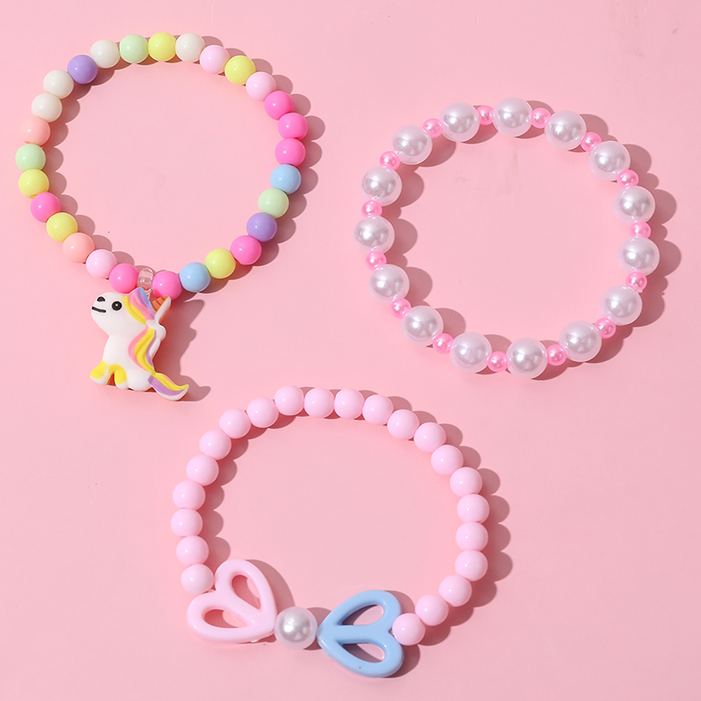 3pcs Girl Unicorn Pendant Multi-Colored Beaded Bracelet Set for Children,Temu