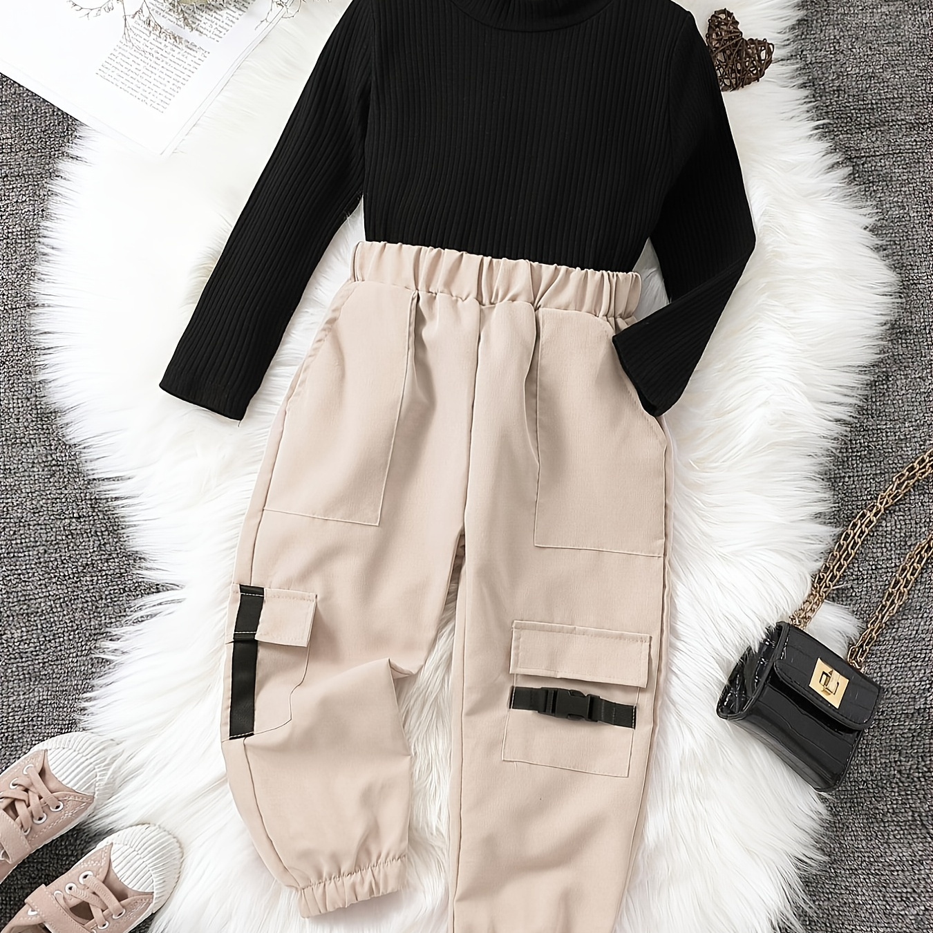 Girl's Cargo Pants Outfit Ribbed Long Sleeve Top Trendy - Temu Canada
