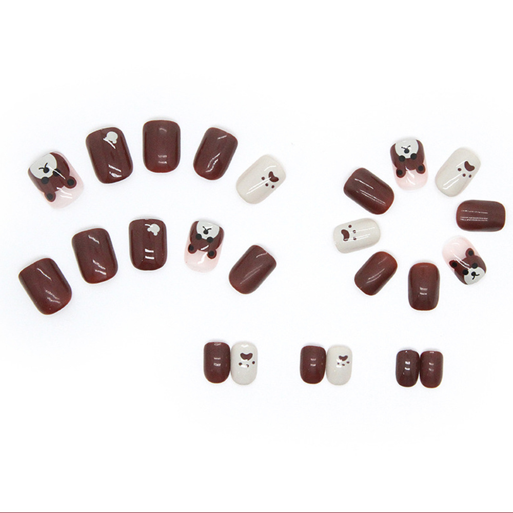 Press On Nails, Short False Nails With Brown Bear Designs Full Cover ...