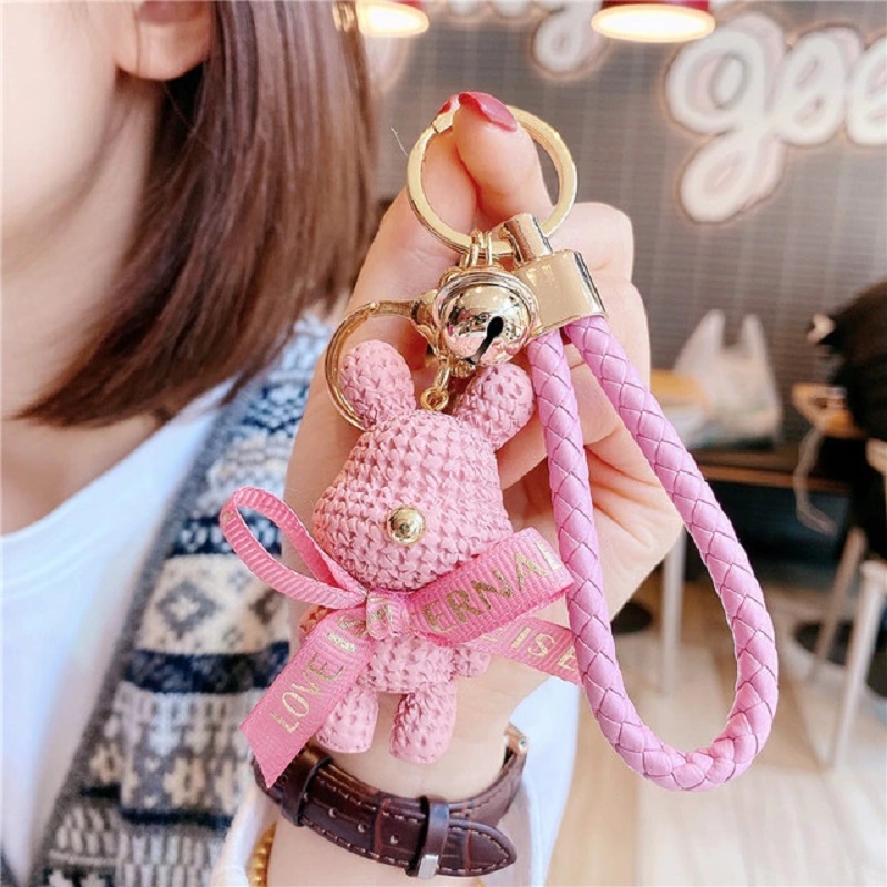 Cute Rabbit Key Chain Resin Bow Bell Rabbit Keychain Weaving Doll Bag  Pendant Llaveros Para Mujer Car Key Ring Bag Accessories